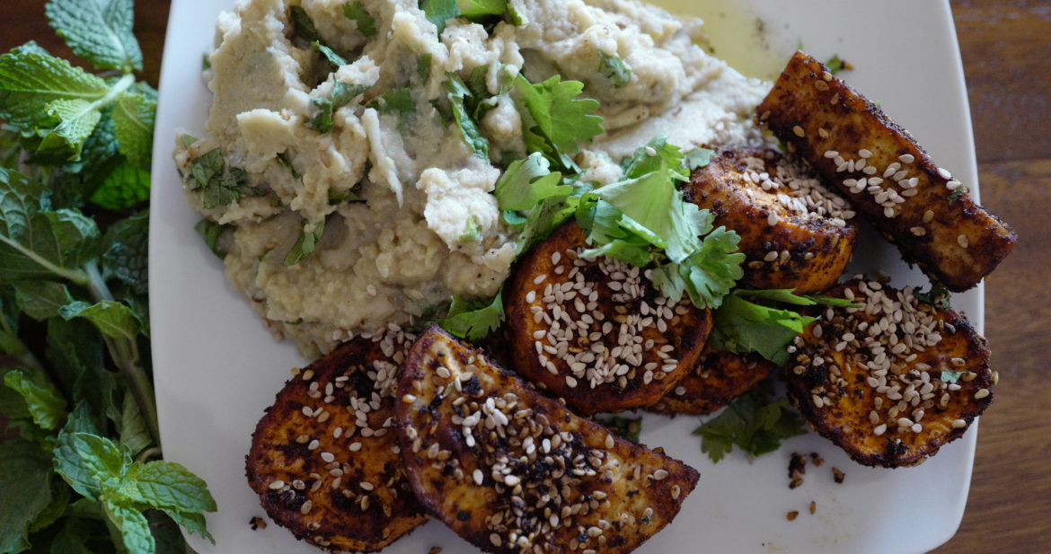 Sesame sweet potato wedges with mashed eggplant and chickpeas, and herbs by Foodjoya