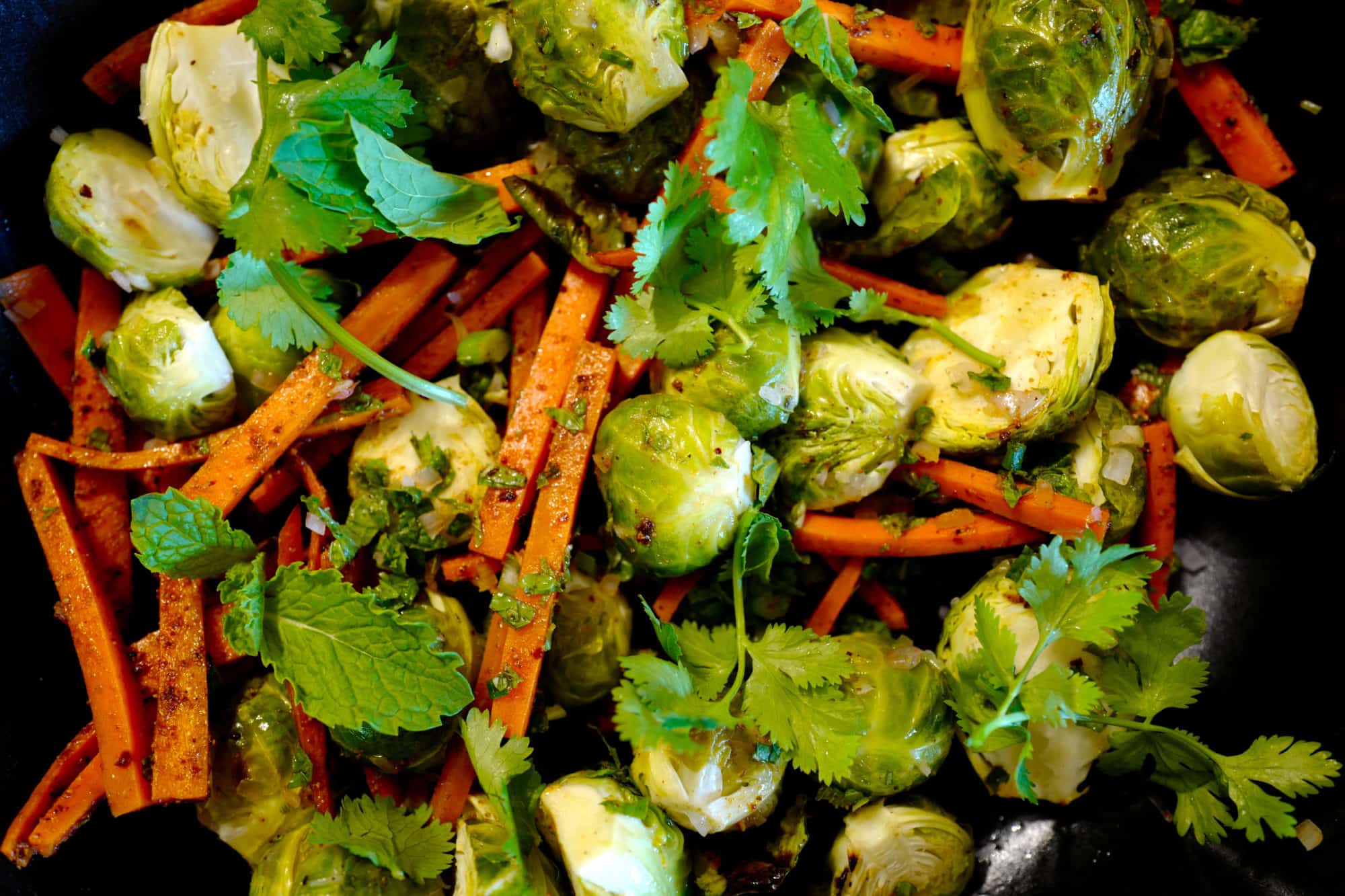 Roasted Brussel Sprouts with Spicy Carrots, Herbs, Lime Juice by Foodjoya