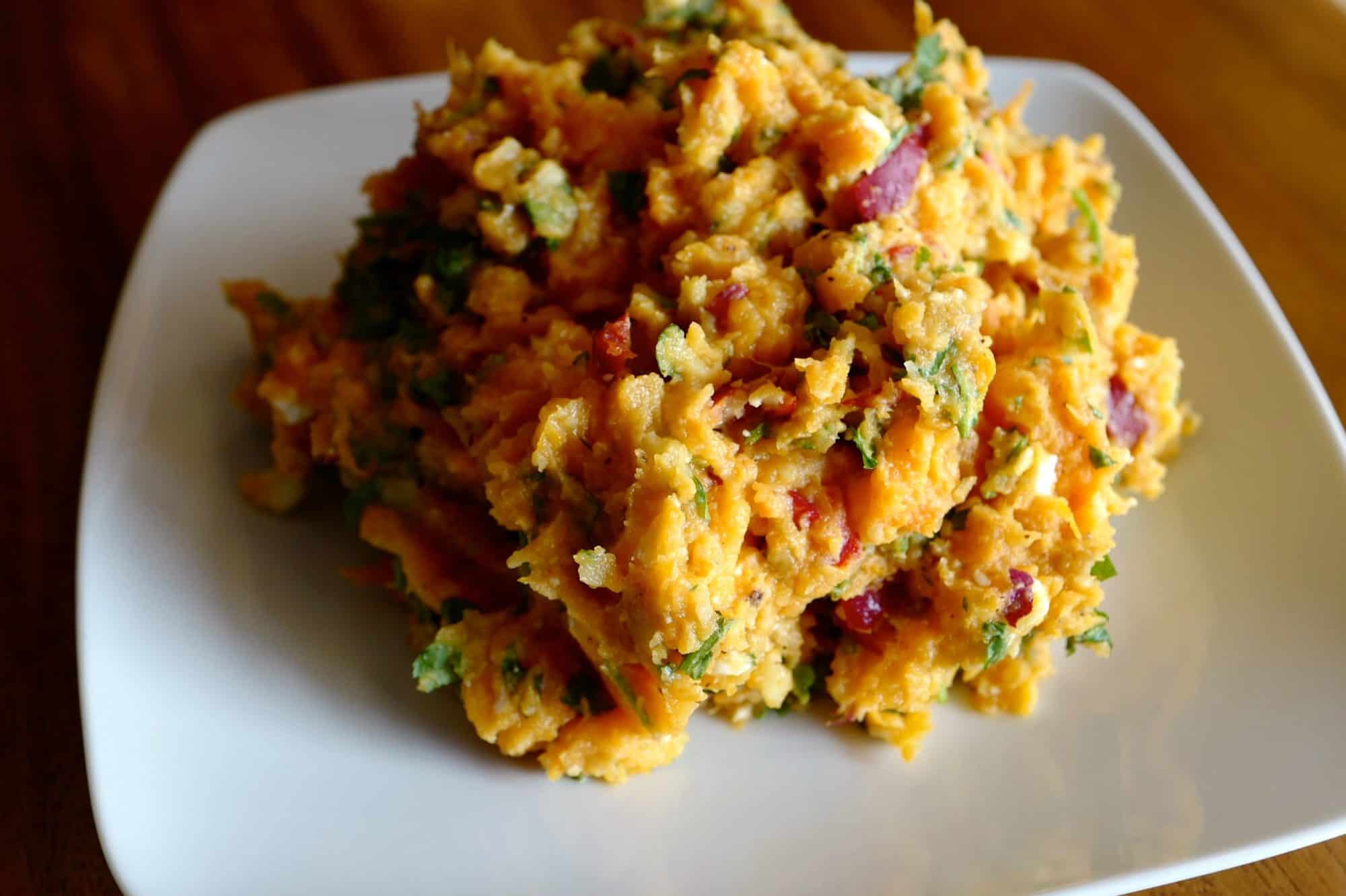 Sweet Potato Feta Salad infused with lemon, with cilantro, Fresno peppers, Feta cheese, sumac and olive oil, vegetarian, by Foodjoya